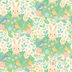 Cute rabbit bunny family is playing in the green bush surround by flower and leaf seamless pattern