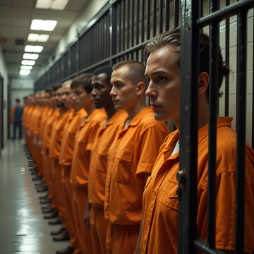 Inmates in a penitentiary center. Group of unrecognizable prisoners in orange uniform in jail. Lineup of anonymous people with prison outfit.