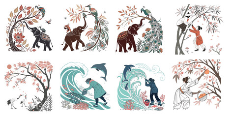 Abstract geometric pattern with vibrant color palette including red green blue yellow cyan and magenta elements