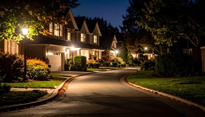 Nighttime neighborhood street scene