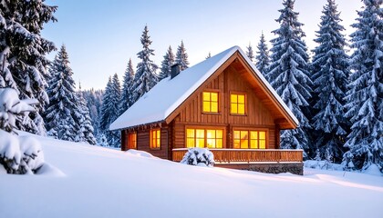 Wooden cabin nestled in snowy forest at dawn