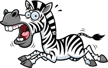 Funny cartoon zebra running with wide eyes, open mouth, striped animal illustration, playful character for children's books, vector design