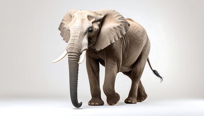 Obraz premium A large elephant walks towards the viewer against a plain background