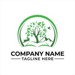 Green Oasis Logo Design Featuring Tree Bird Rabbit and Mountain on an Open Book Surrounded by Circle Frame