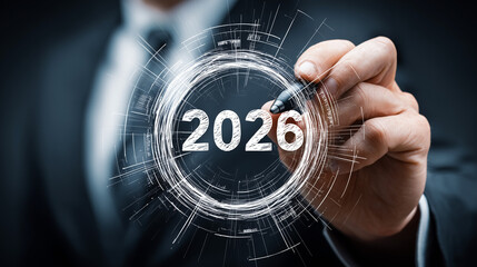 Biznesmen rysujący miernik postępu z datą 2026 - symbol rozwoju, efektywności i strategii na nowy rok