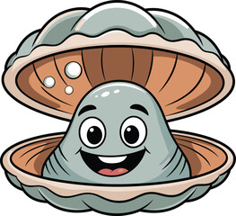 Happy cartoon clam with smiling face in open shell, cute sea creature illustration, marine life design, underwater adorable character art