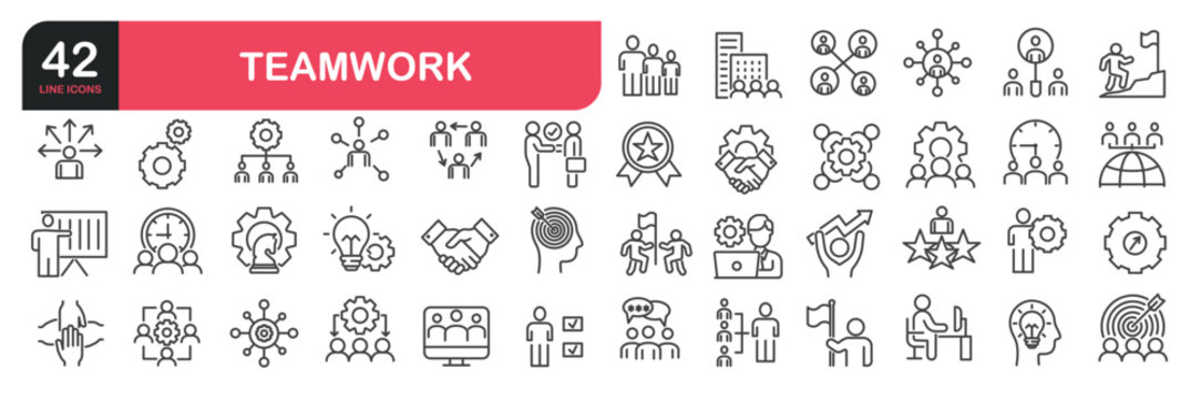Set of line icons related to teamwork, management, business, collaboration, partnership. Outline icons collection. Editable stroke. Vector illustration