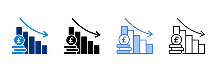 Chart Down Icon Set With Different Currencies