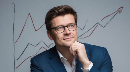 Biznesmen w garniturze z wykresem przedstawiającym wzrost na tle - koncepcja analizy rynku i inwestycji 