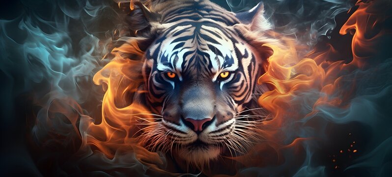 a light tiger , coming out of the smoke, generative AI