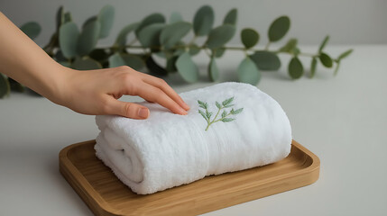 A minimalistic spa scene features a hand gently touching a folded white towel with an embroidered leaf design, set against a soft gray background with blurred green eucalyptus leaves.