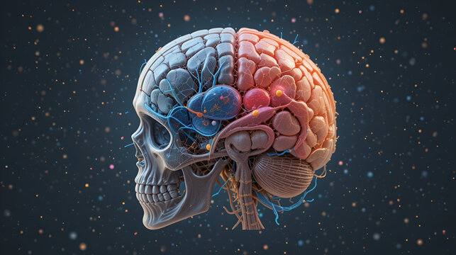 3D anatomical illustration of human brain and skull