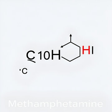 Methamphetamine's chemical formula is C10H15N. Its structure features a phenethylamine backbone with a methyl group,