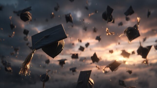 Tossing graduation caps in the air against a dramatic, cloudy sunset sky. Celebrating achievements with joy and freedom