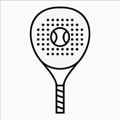 Minimalist outline icon of padel racket and ball – black and white vector illustration for sports and fitness design use