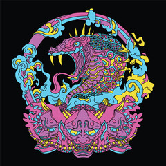 Psychedelic Cobra and Oni Mask Illustration in Vibrant Neon Colors on Black Background
