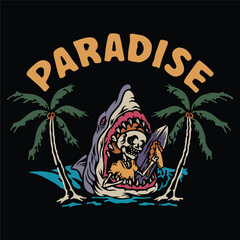 Retro Shark Illustration Eating Skeleton Surfer with "Paradise" Text and Palm Trees on Black Background
