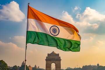 Majestic Indian flag proudly waves against a golden sunset sky, with the iconic India Gate arch visible in the background, evoking national pride and heritage.