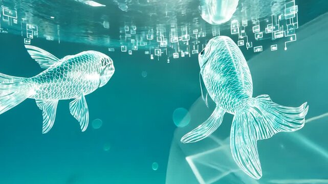 Two luminous fish in teal water with digital overlays