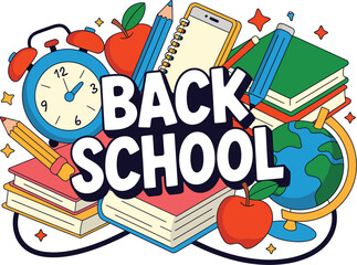 Vibrant back-to-school cartoon with school items including apples, globe, notebooks, and pencils around 3D "BACK TO SCHOOL" text on clean white background

