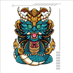 Colorful Asian Dragon Head Illustration with Horns, Armor, and Glowing Eyes in Fantasy Style
