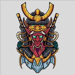 Fantasy Oni Samurai Warrior Mask with Horns, Fangs, and Dual Katana in Detailed Armor Design
