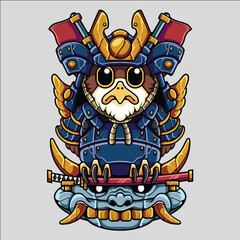 Cute Eagle Samurai Character in Blue Armor Standing on Dragon Mask Pedestal with Katana
