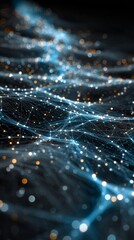 Hyper realistic panoramic network of glowing small light points interconnected by fine blue lines across dark background, seamless digital web structure for wide 4k tech banner design