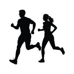 Silhouette of a male and female runner jogging together outdoors
