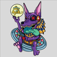 Colorful Cartoon Alien Anubis Dog Holding Glowing Orb on Futuristic Throne in Sci-Fi Fantasy Style
