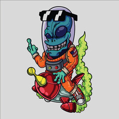 Cool Cartoon Alien in Spacesuit Riding Rocket with Pixel Sunglasses and Middle Finger Gesture
