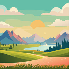 Obraz premium Tranquil Vector Landscape: A Harmonious Blend of Nature's Elements and Artistic Design