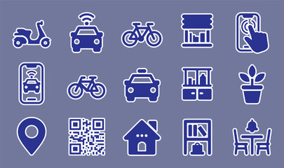 Scooter car bicycle kiosk phone app house plant qr code shelf table chairs vector
