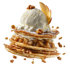 Stacked thin crepes layered with apples cream and topped with vanilla ice cream and walnuts