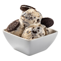 Creamy vanilla ice cream with chocolate cookie pieces and whole cookies in a white bowl