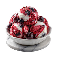 Swirls of creamy white and rich berry ice cream topped with whole cherries