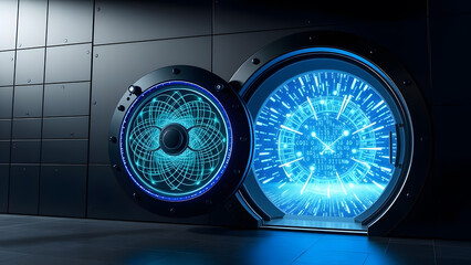 Opened Futuristic Digital Vault Door Revealing Glowing Blue Data and Cybernetic Patterns