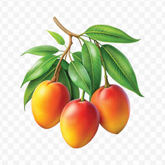 realistic fresh mangos hanging from a branch with green leaves in a natural setting isolated on transparent background