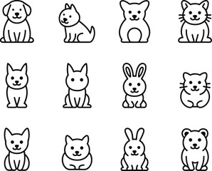 Fototapeta premium Collection of cute cartoon animal icons including dogs cats and rabbits