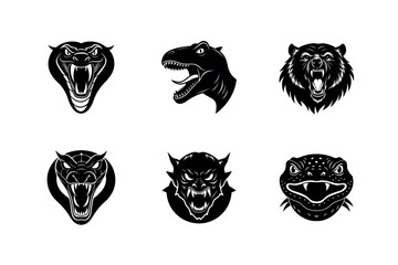 Aggressive Predator Heads:  Black and White Vector, Powerful Designs.