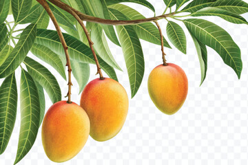 realistic fresh mangos hanging from a branch with green leaves in a natural setting isolated on transparent background