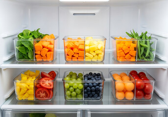 organized refrigerator with colorful fresh fruits and vegetables in clear storage bins

