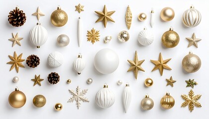 Flat Lay of Christmas Decorations and Gift Boxes on White Background