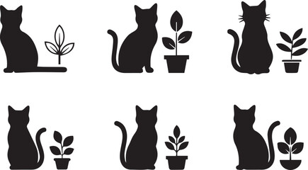 Cat Next to Plant Silhouette Icon Set – Black Vector Design
