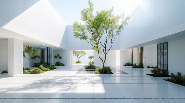 Fototapeta Modern minimalist courtyard with a central tree and natural light