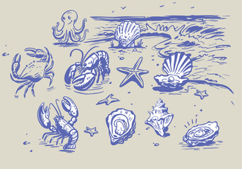 Obraz premium Hand drawn different mediterranean food set. Oysters, Starfish, octopus, crab, lobster, conch, scallop, fish. Dolce vita table setting coast food drawings for cafe or restaurant menus design. Doodle s