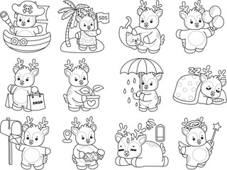 Cute Deer icon. Funny baby Deer animal series stock illustration. Life of fluffy Deer designs. Coloring pages of cute deer icon.
