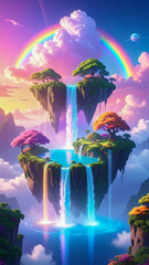 Dreamy floating islands with waterfalls and vibrant rainbow in fantasy sky