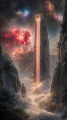 Epic fantasy landscape with rainbow beam piercing misty mountains
