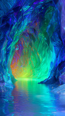Enchanting crystal cave with luminous water and vibrant gem walls